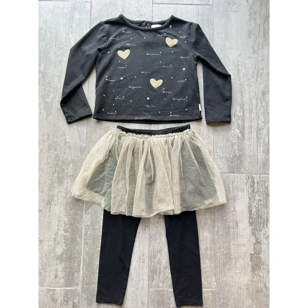 BCBG Girls Black Gold Pants Leggings Tutu Skirt & Top Outfit 2 Piece Set 5T